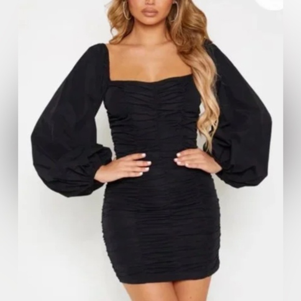 Pretty Little Thing Love on the Line Ruched Mini Dress in‎ Black - 4
